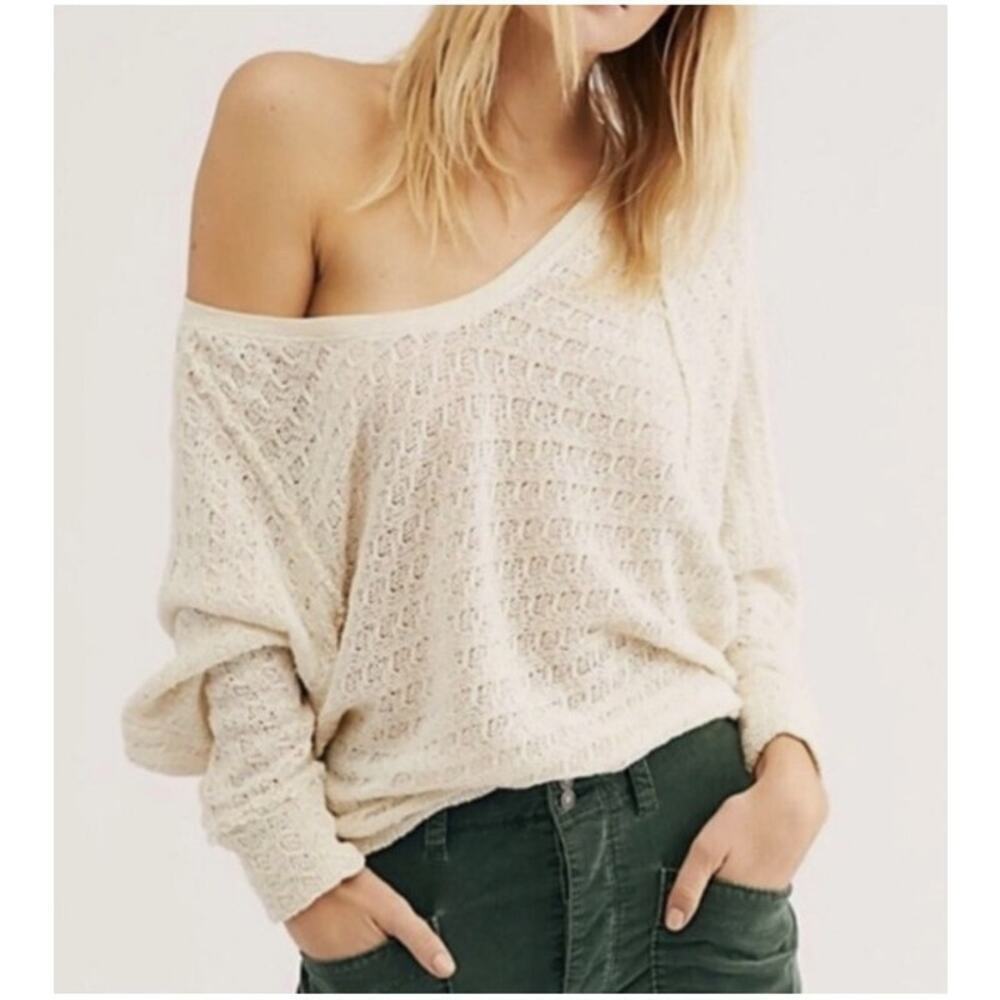 FREE PEOPLE Cream Knit Fringe V-Neck Thiens Hacci Dolman Sleeve Sweater XS